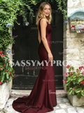V Neck Trumpet Mermaid Satin Backless Burgundy Prom Dress
