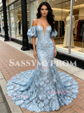 Blue Puffy Sleeve Mesh Trumpet Mermaid Lace Prom Dress