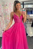 V Neck Beading Hot Pink A Line Tulle Prom Dress