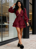 Pink V Neck Knotted Tiered Chiffon Long Sleeve Mini Dress