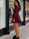 Burgundy Long Sleeve Square Ruffle Elastic Dress