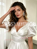 Satin A Line V Neck Puffy Sleeve Wedding Dress