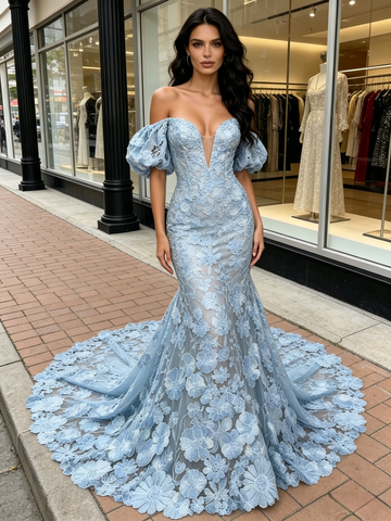 Blue Puffy Sleeve Mesh Trumpet Mermaid Lace Prom Dress