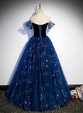 Blue Ball Gown Beading Off The Shoulder Prom Dress