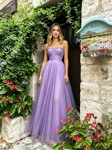 Lilac Beading Sweetheart A Line Tulle Prom Dress