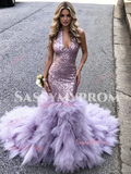 V Neck Purple Sequin Trumpet Mermaid Ruffles Prom Dress