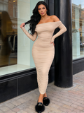 Maxi Long Sleeve Ruched Fitted Off The Shoulder Bodycon Dress