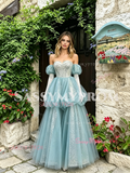 Puffy Sleeves Blue Tulle Layer A Line Beading Prom Dress