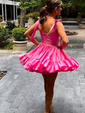 Short Tie Shoulder Pink Satin Ruffles Homecoming Dress