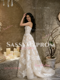 Appliques Tulle Strapless Champagne Lace A Line Wedding Dress