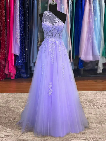 Lavender One Shoulder Appliques Lace Prom Dress