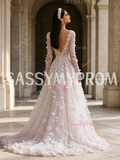 Sequin Floral V Neck Pink Long Sleeve Tulle Prom Dress
