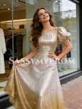 Yellow Silver Sequin Tulle A Line Short Sleeves Prom Dress With Slit