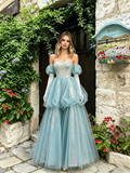 Puffy Sleeves Blue Tulle Layer A Line Beading Prom Dress