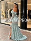 Tassel Green Long Sleeve Off The Shoulder Prom Dress With Slit