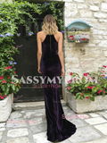 Halter Beading Trumpet Mermaid Velvet Prom Dress With Slit