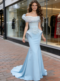Blue Off The Shoulder Beading Trumpet Mermiad Prom Dress