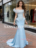 Blue Off The Shoulder Beading Trumpet Mermiad Prom Dress