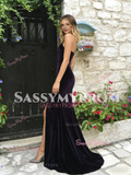 Halter Beading Trumpet Mermaid Velvet Prom Dress With Slit