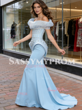 Blue Off The Shoulder Beading Trumpet Mermiad Prom Dress
