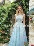 Ligth Blue Tulle Lace A Line Scoop Prom Dress