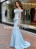 Blue Off The Shoulder Beading Trumpet Mermiad Prom Dress