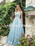 Ligth Blue Tulle Lace A Line Scoop Prom Dress