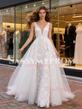 V Neck White A Line Tulle Lace Wedding Dress