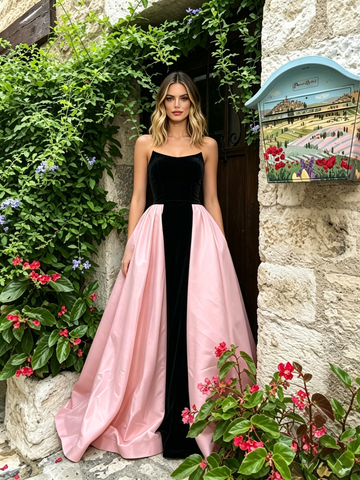 Sweetheart Velvet Detachable Black & Pink Prom Dress