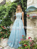 Ligth Blue Tulle Lace A Line Scoop Prom Dress