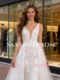 V Neck White A Line Tulle Lace Wedding Dress
