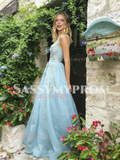 Ligth Blue Tulle Lace A Line Scoop Prom Dress