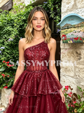 One Shoulder Burgundy Layers Sparkle Tulle Prom Dress