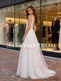 V Neck White A Line Tulle Lace Wedding Dress