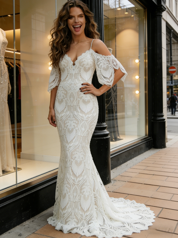 Cap Sleeve Lace Trumpet Mermaid Sweep Train Wedding Dress