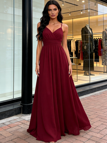 V Neck Chiffon Ruched A Line Burgundy Prom Dress