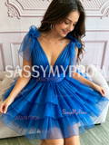 V Neck Royal Blue Tulle Layered Short Homecoming Dress