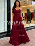 V Neck Chiffon Ruched A Line Burgundy Prom Dress