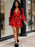 Pink V Neck Knotted Tiered Chiffon Long Sleeve Mini Dress