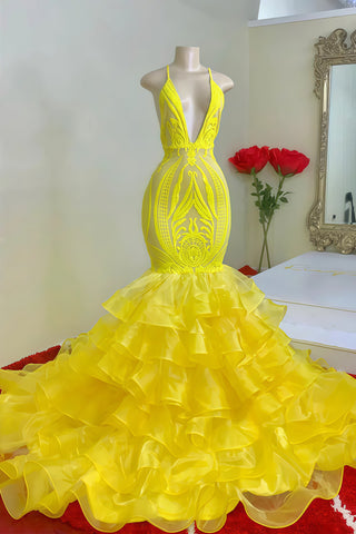 Sequin V Neck Trumpet Mermaid Yellow Ruffles Prom Dress