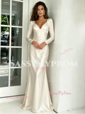 V Neck Open Back Elastic Satin Long Sleeve Wedding Dress