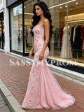 Pink Beading Flowers Lace Sheath Column Tulle Prom Dress