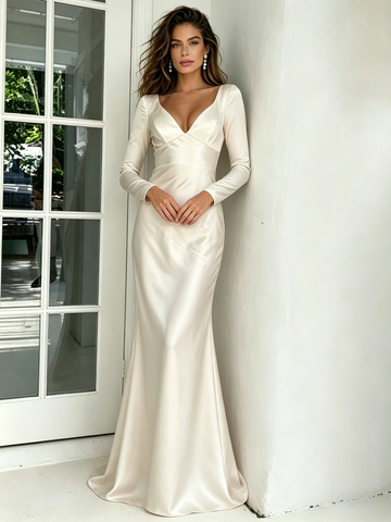V Neck Open Back Elastic Satin Long Sleeve Wedding Dress