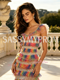 Rainbow Tulle A-Line Sheath Ruffled Prom Dress