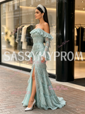 Tassel Green Long Sleeve Off The Shoulder Prom Dress With Slit