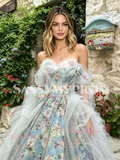 Blue Sweetheart A Line Ruffles Floral Prom Dress