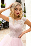 Lace Pink Scoop Tulle Cap Sleeves Wedding Dress