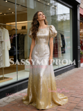 Yellow Silver Sequin Tulle A Line Short Sleeves Prom Dress With Slit