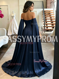 Navy Off Shoulder Satin A-Line Prom Cape Dress