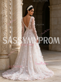 Sequin Floral V Neck Pink Long Sleeve Tulle Prom Dress